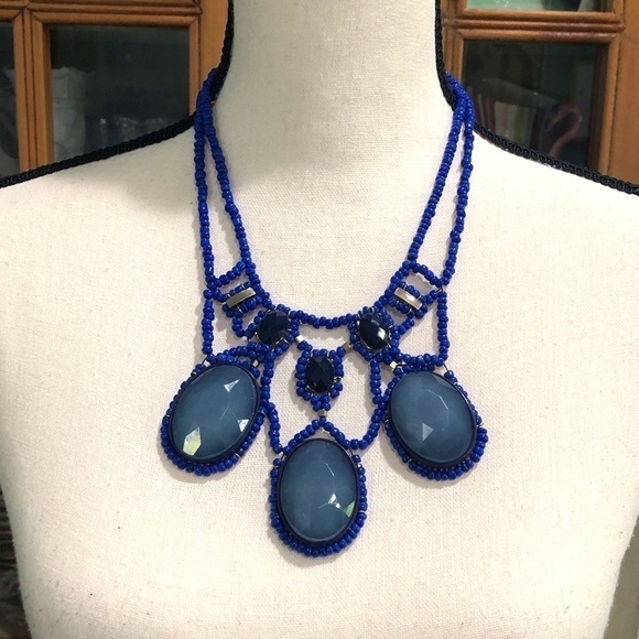 Anthropologie Blue Abundance Beaded Bib Statement Necklace - Picture 1 of 10